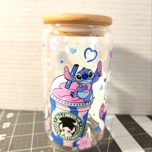 Stitch Glass Tumbler with Bamboo Lid 16 oz Handmade